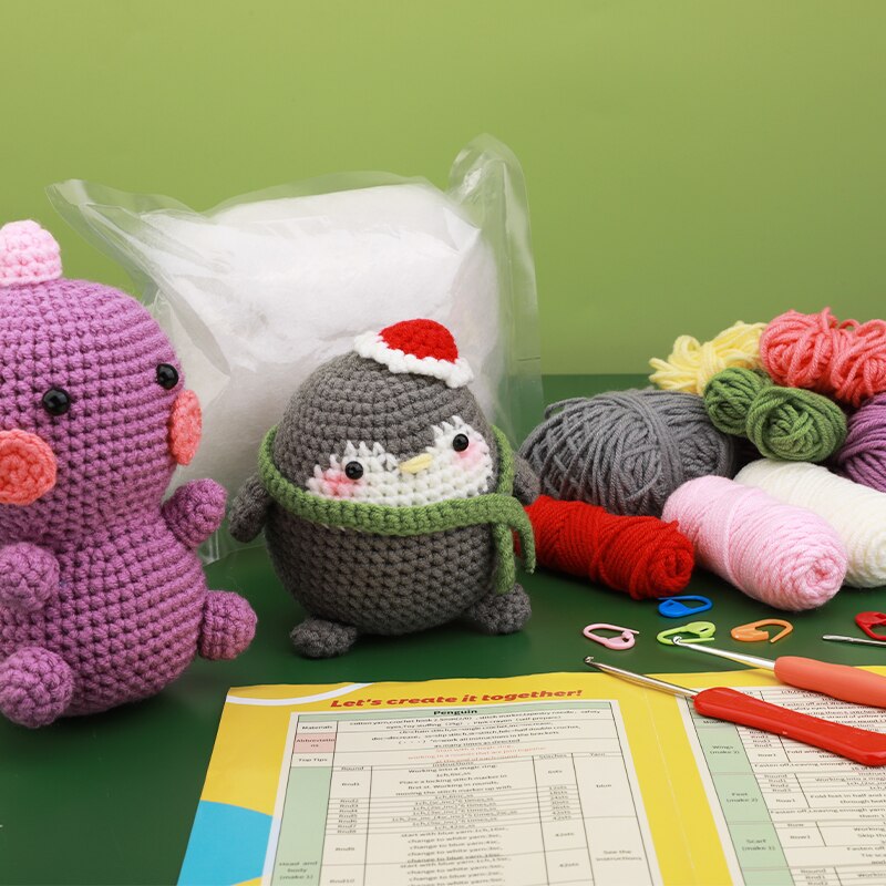 KRABALL Penguin Dinosaur DIY Animal Beginners Kniting Kit for Adults and Kids with Crochet Hook Accessories and Instructions - Image 3
