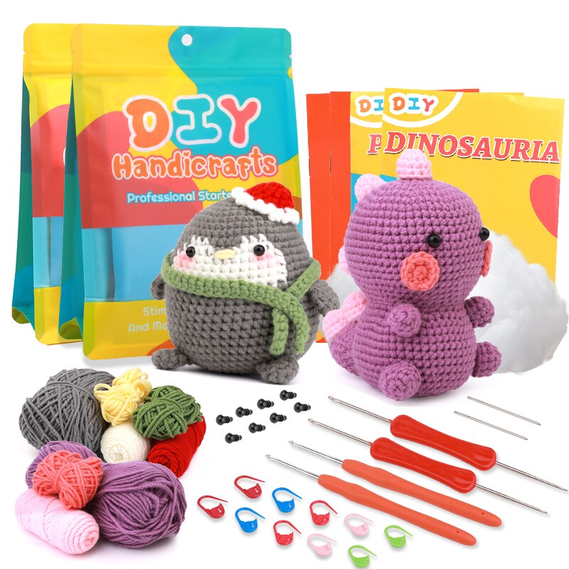 KRABALL Penguin Dinosaur DIY Animal Beginners Kniting Kit for Adults and Kids with Crochet Hook Accessories and Instructions